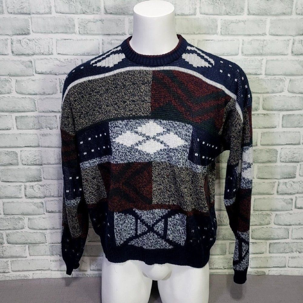 Vintage 80s‎ 90s Expressions Mens XL Abstract Geo Knit Pullover Ski Sweater